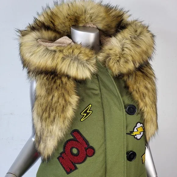 NWOT~$545~KINGSTAR~S/M~ARMY GREEN HOODED FAUX FOX RACCOON FUR PATCHES VEST COAT